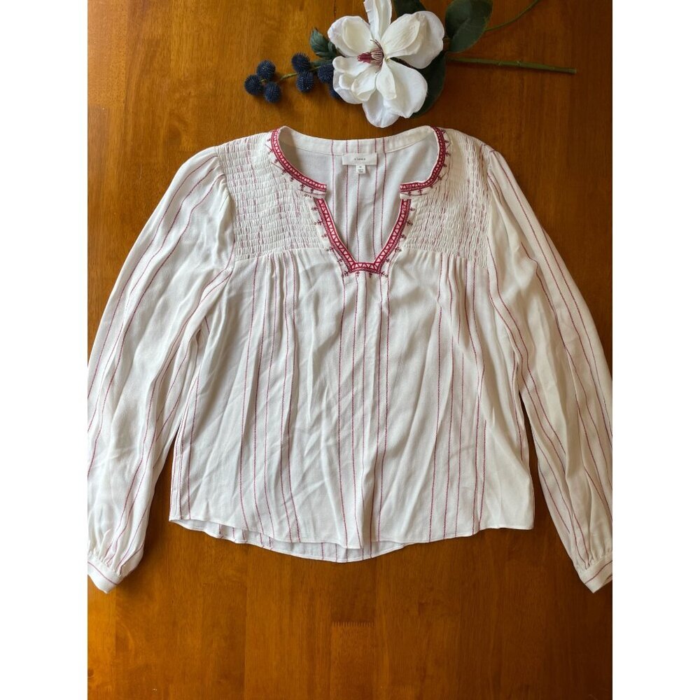 A Loves A Womens Medium Boho Embroidery Top White/Red Striped Cottagecore Fairy